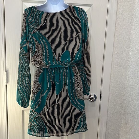 Auditions Fashion Dress V Neck Hunter Green Black Tan Animal Print Mini Belt Inc - Picture 5 of 10